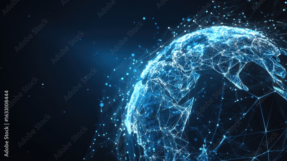 Poster a glowing network of interconnected nodes forms a digital representation of the world, symbolizing g