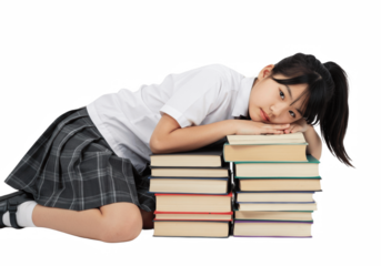 School Girl Lying on Books PNG – Education Concept, Study Fatigue, Learning Struggles, Student Life, Child Overloaded with Homework, Back to School Illustration, Knowledge and Academic Pressure Visual