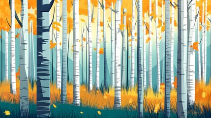 Fototapeta premium Autumnal birch forest scene.