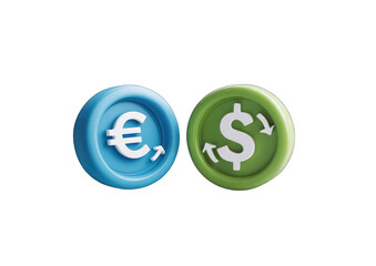 3D rendered image of two circular buttons, one light blue with a Euro symbol and a right arrow, the other light green with a dollar sign and a circular arrow.  The buttons represent currency exchange