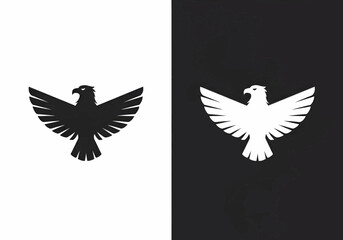Obraz premium Minimalist graphic icon of a majestic eagle with wings spread, presented in contrasting black and white versions.