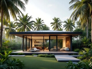Fototapeta premium Minimalist micro-home with a reflective glass exterior and metal roofing, set amid dense tropical plants and palms, bathed in golden sunrise tones