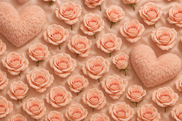 Peach Roses and Fluffy Heart Pattern: Romantic, Elegant, Valentine's Day Stock Photo