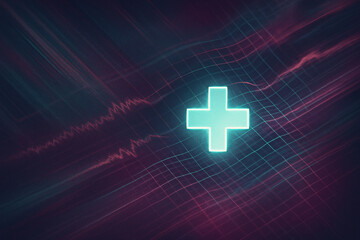 Neon Teal Cross on Dark Grid: Abstract Medical Technology Background