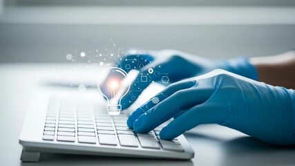 Innovation Typing: Gloved Hands Spark Ideas on Keyboard with Lightbulb Graphic - Powered by Adobe