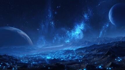 Abstract cosmic planetscape with blue particle nebulae, fantasy space panorama template for game concept art and sci-fi book covers.
