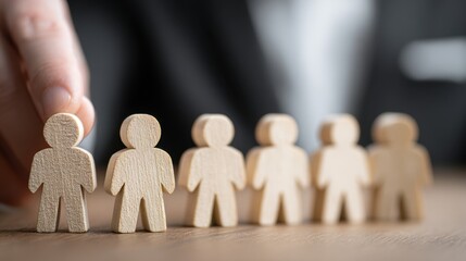 A hand carefully positions a wooden figure among a group of similar figures, symbolizing teamwork, selection, or unity in a concept.