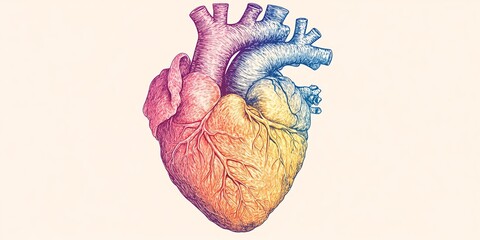 Anatomical human heart handdrawn sketch in vintage engraving style with vibrant multicolored tones