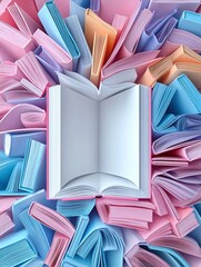 Book Day card template featuring multicolored books in pastel pink and blue tones forming a large book shape