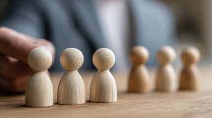 A hand places wooden figures on a wooden , representing concepts of teamwork, selection, and human resources in a business setting.