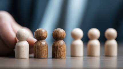 A hand positioning wooden figures representing people, possibly for a team, selection, or group dynamics concept on a reflective .