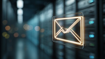 A glowing email icon stands out in a server room, symbolizing digital communication and connectivity.