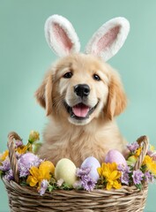 A happy golden retriever puppy wearing bunny ears sits in a basket decorated with colorful eggs and flowers, celebrating the spring season.