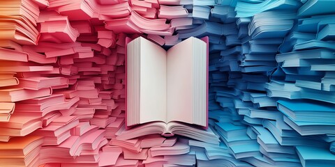 Multicolored books in shades of pink and blue forming a large book shape
