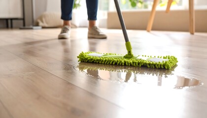 Woman cleaning wet wood floor with a green mop with hygiene and home care.
