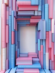 Pink and blue multicolored books arranged to create a big book silhouette with a white central book for text or design