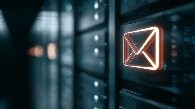 A glowing email icon illuminates a data center, symbolizing digital communication and technology.