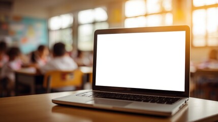 A laptop with a blank screen sits on a desk in a classroom setting, suggesting online learning or educational technology use.