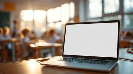 A laptop with a blank screen sits on a desk in a classroom, offering a space for learning and digital engagement.