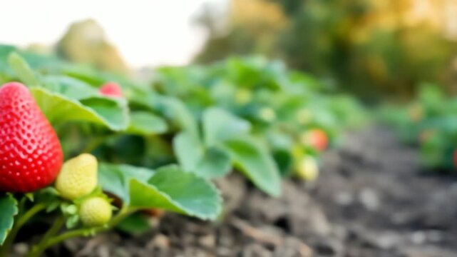 Ripe Strawberry in a Lush Green Strawberry Patch