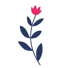 2d Flat dark blue leafy branch with red flower bud on top, minimal style, perfect for botanical prints, invitations, and floral decorative artwork.