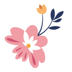 2d  Flat pink and white layered flowers with dark blue stem and leaves, minimal style, perfect for floral decorative prints and greeting cards.