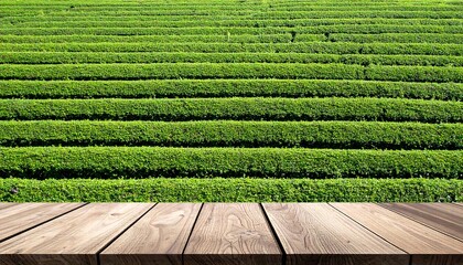 Wooden table top in front of a lush tea plantation in a sunny day.