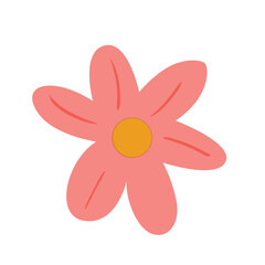2d Flat pink five-petal flower with yellow circular center, minimal pastel style, perfect for spring invitations, greeting cards, and decorative floral prints.