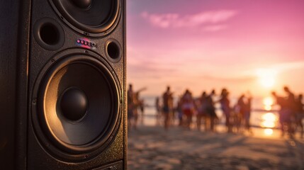 A large speaker system blasts music at a beach party, silhouetting people dancing against a beautiful sunset sky.