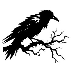Minimalist Black Silhouette of a Spooky Raven on Branch Halloween Clipart Design