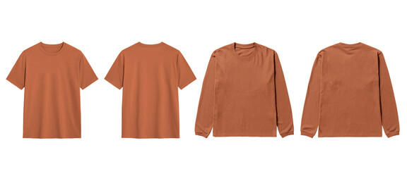 Mockup copper color front and back short and long sleeve shirts offer realistic mockups.