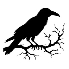 Minimalist Black Silhouette of a Spooky Raven on Branch Halloween Clipart Design