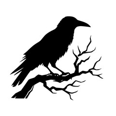 Minimalist Black Silhouette of a Spooky Raven on Branch Halloween Clipart Design