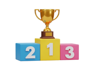 3d icon of golden trophy on a podium with numbers 1, 2, 3 isolated on transparent background