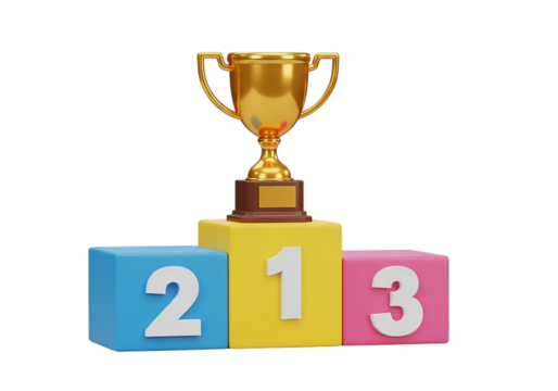 3d icon of golden trophy on a podium with numbers 1, 2, 3 isolated on transparent background