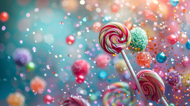 Colorful lollipops with bokeh and confetti float on a blue background. Perfect for branding, posters, and product photography. - Powered by Adobe