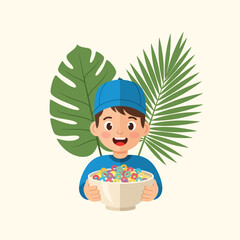 Boy Holding Bowl of Colorful Cereal with Tropical Leaves Background