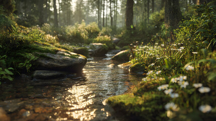 Obraz premium Tranquil forest stream with sunlight filtering through the trees and hitting the water