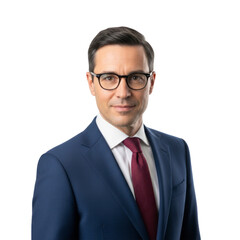 Professional studio headshot of a handsome businessman in a navy suit, red tie, and glasses, looking at the camera.