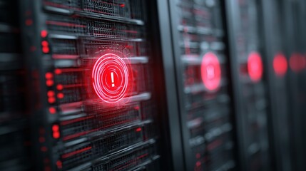 Close-up of a server rack displaying a series of blinking red alert lights, indicating critical system status.