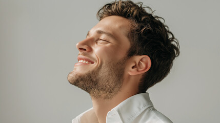 Obraz premium Portrait of a happy man smiling with eyes closed in white shirt
