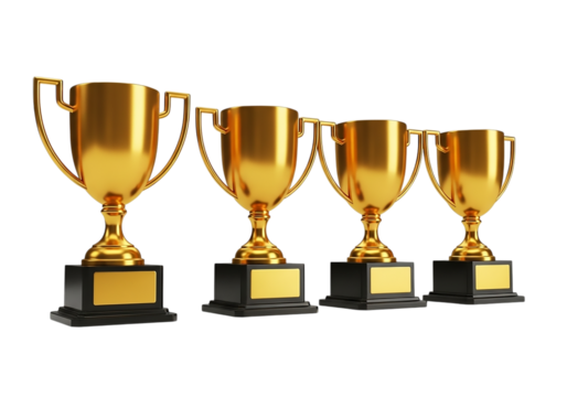 3d icon of four golden trophies isolated on transparent background