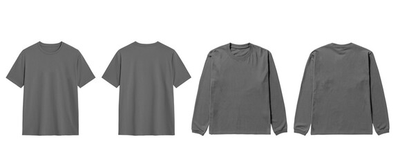 Mockup front and back views of gray short and long sleeved shirts present effortlessly.