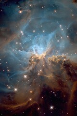 Celestial nebula, swirling gas and dust, vibrant hues of blue, orange, and dark space