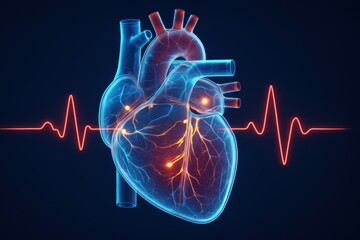 Anatomical Heartbeat: A striking, photorealistic medical illustration of the human heart, overlaid with an animated heartbeat rhythm, set against a deep, vibrant background.
