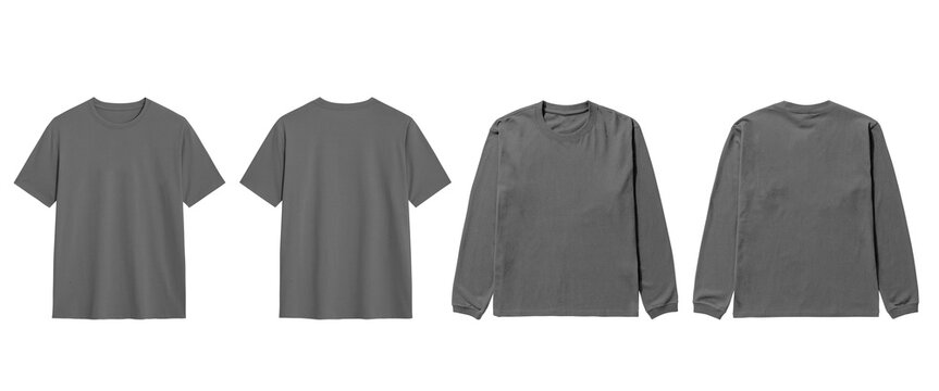 Mockup front and back views of gray short and long sleeved shirts present effortlessly.