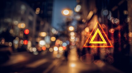 A triangular caution symbol illuminated against a blurred street scene at night.