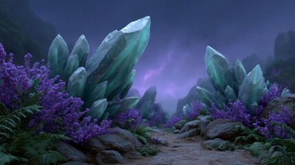 Obraz premium Large jagged crystals with purple flowers on a rocky path under a dark sky