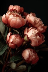 Close-up of a bouquet of coral peonies against a dark background