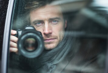 A man with green eyes peers through a car window, holding a camera, seemingly capturing a moment or observing something.
